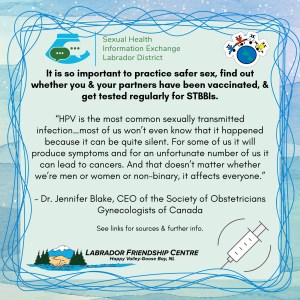 Campaign text and organization logos are shown on a pale blue background bordered with waving blue lines and a snow flecked water color print. In one corner is an illustration of a black and white syringe.