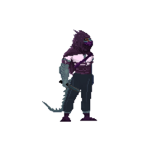 Pixel art of a hooded dragonborn D&D character holding a dagger.