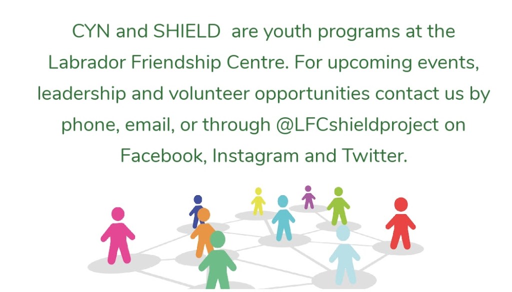 Test reads "CYN and SHIELD are youth programs at the Labrador Friendship Centre. For upcoming events, leadershp and volunteer opportunities contact us by phone, email or through @LFC ShieldProject social media on Facebook, Instagram and Twitter. 