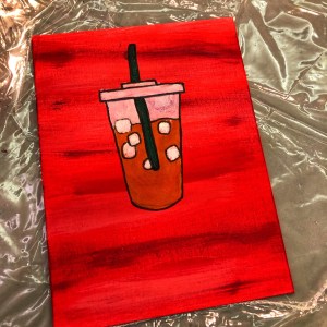 Painting of a red iced drink on a red background.