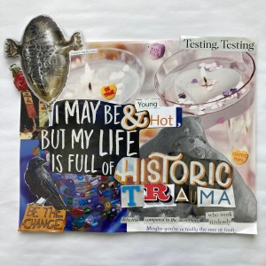 Collage featuring seal shaped balloon, Be The Change Sign and text I May Be Young and Hot by MY Life is Full of Historic Trauma