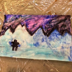 Cool toned paitning of inuksuk, northern lights and mountain scenery.