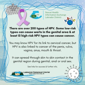 Campaign text and organization logos are shown on a pale blue background bordered with waving blue lines and a snow flecked water color print. Black and white illustrations of a virus and cancer cells are placed in opposite corners. Above the cells is a purple cancer awareness ribbon.