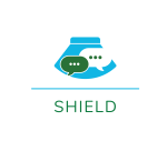 SHIELD logo in Labrador flag colors. Blue ulu encapsulates green and white chat bubbles.