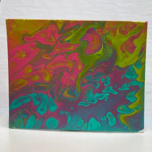 Acrylic and silicone paint pour in olive, pink and teal colors.